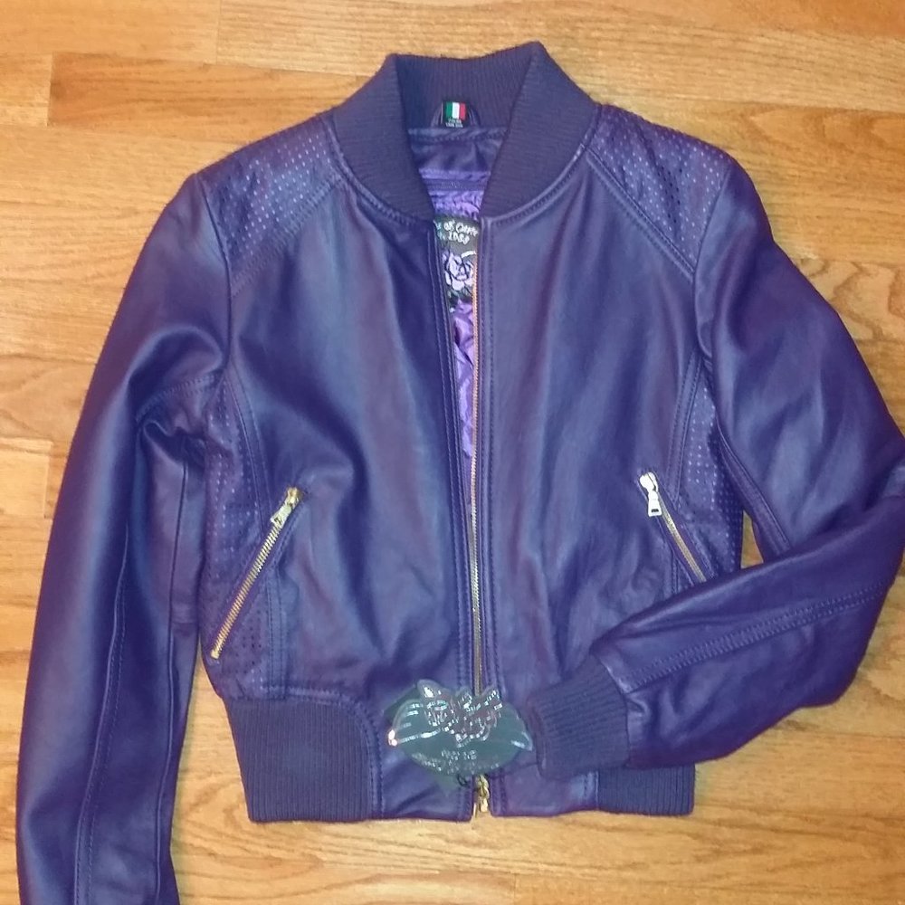 Knoles & Carter purple Italian Lambskin leather bomber jacket new size small
